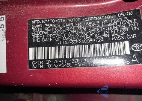 2006 Toyota Corolla Le из США, поврежденный, VIN JTDBR32EX60089724